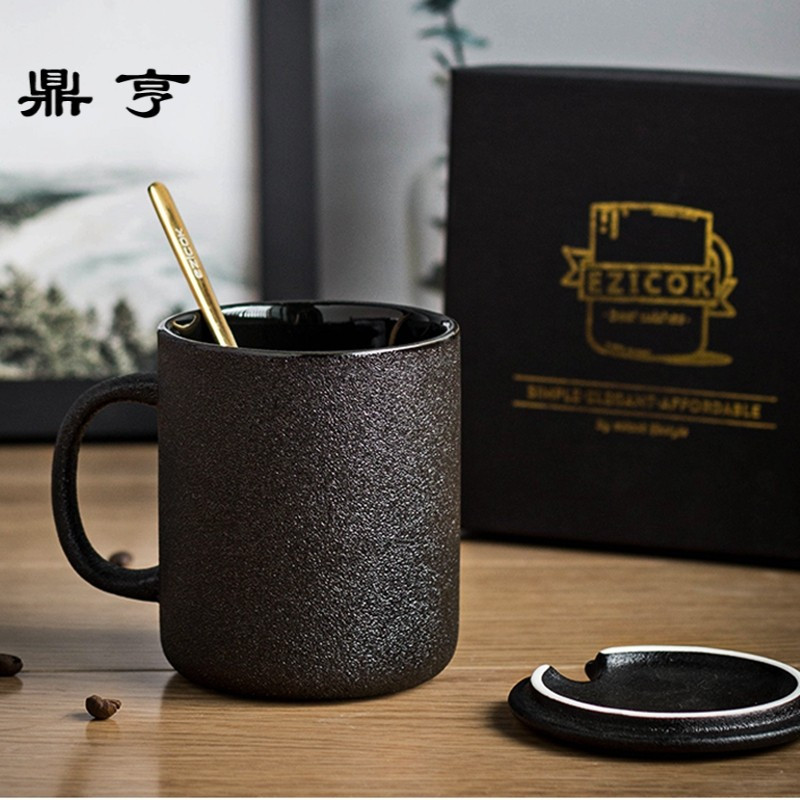 鼎亨咖啡杯带盖带勺磨砂水杯简约ins北欧杯子陶瓷马克杯男创意黑