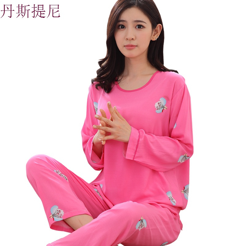 睡衣女夏季棉绸长袖薄款春秋家居服套装可爱绵绸人造棉宽松空服