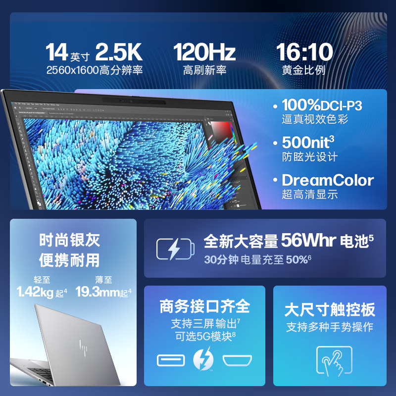 2024款 惠普(HP)战X 14英寸高性能定制AIPC高端轻薄本办公笔记本电脑(Ultra7 165H 64G内存 1TB固态 2.5K 120HZ屏 5G畅连 Winpro)灰