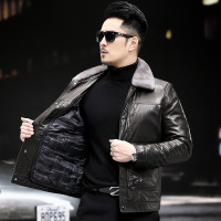 举翼王子海宁工厂新款真皮皮衣男头层牛皮油蜡短款修身羽绒内胆皮夹克外套_985 190/4XL建议165—180斤 羽绒内胆灰貂领