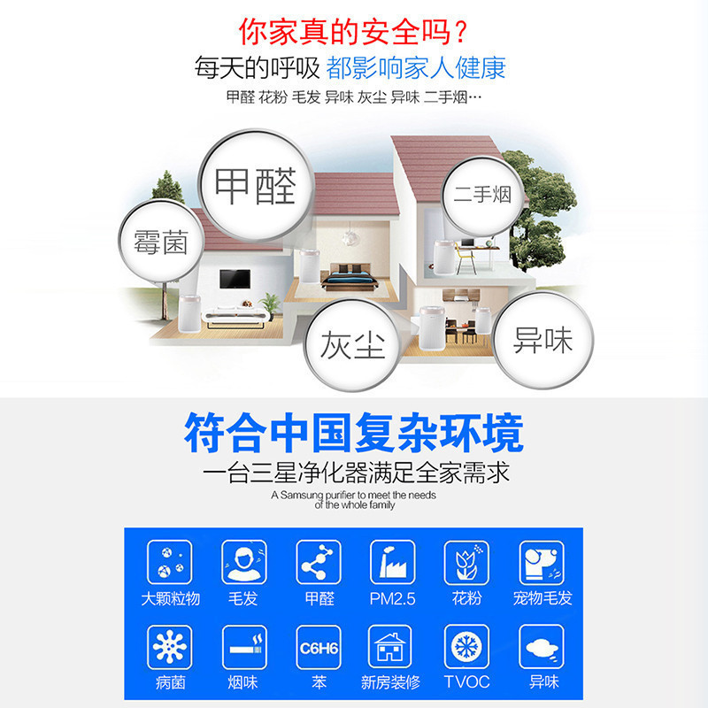 三星 (SAMSUNG)空气净化器KJ310F-M3015WE 高效除霾 去异味 花粉甲醛适用22-37平方米 空气氧吧