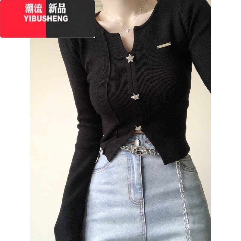 YIBUSHENG黑色短款绝美长袖小上衣女2023早初秋新款外塔毛衣针织开衫高级感图片