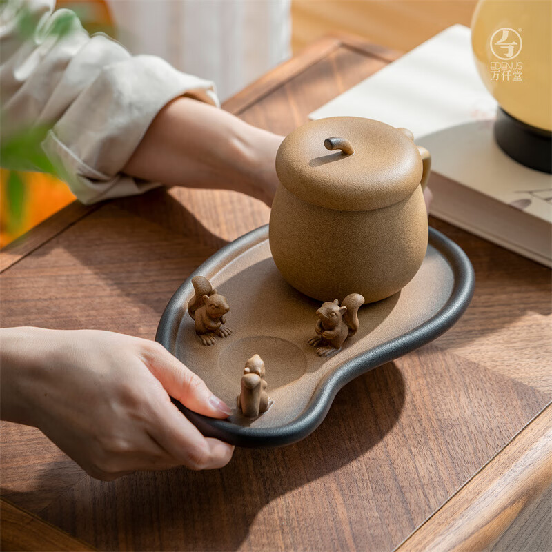 万仟堂(Edenus)高档陶瓷办公杯 男女咖啡杯个人家用泡茶杯水杯带茶盘 举个栗子 焦茶釉(1杯1漏1盘)