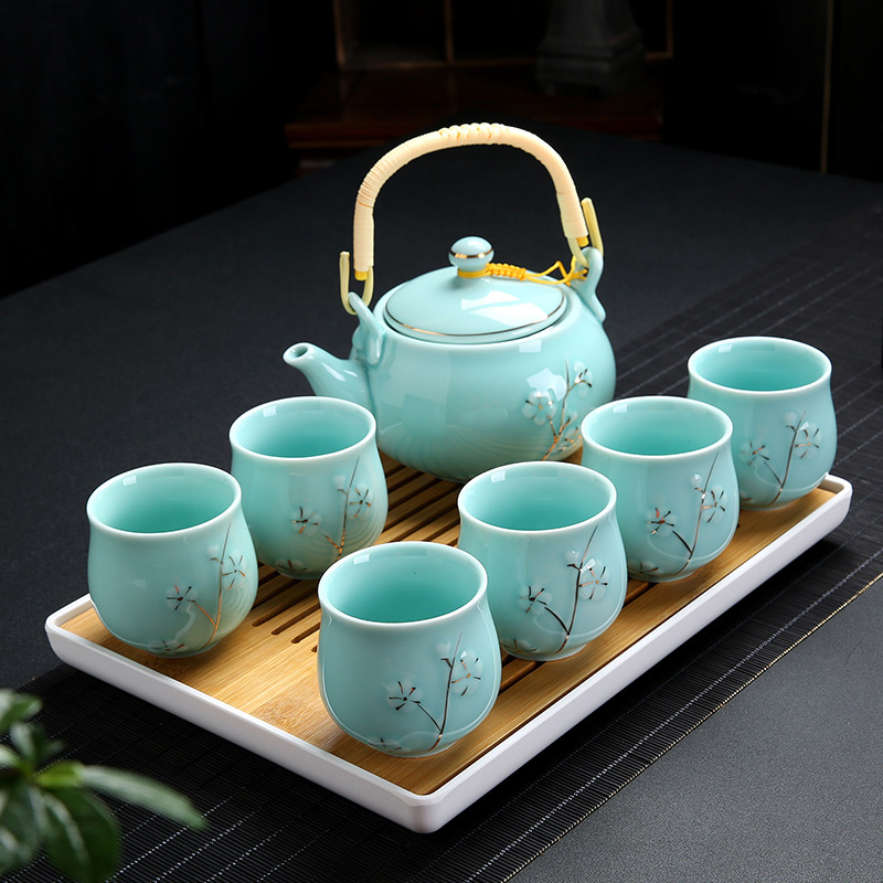 茶具套装家用陶瓷杯提梁茶壶现代简约6只装大杯子冷水壶干泡茶盘|蓝色梅花款套装+长方茶盘(收藏送滤网壶绳茶巾) 10件