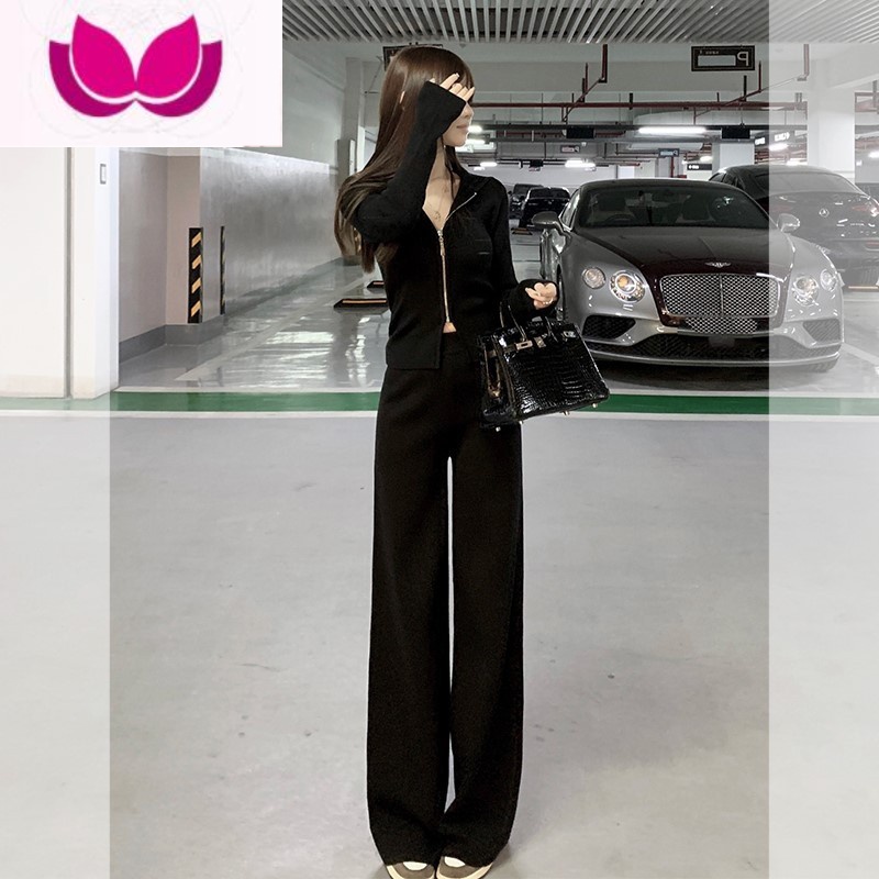 七斓秋季2022减龄网红休闲时尚针织上衣阔腿裤套职业小香风套装女高清大图