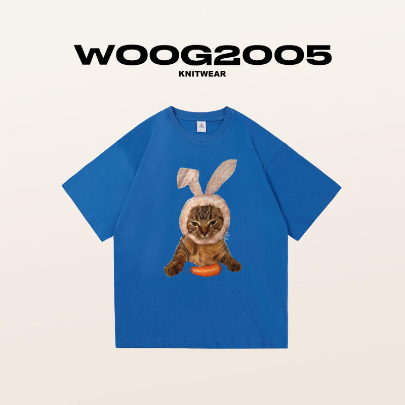 WOOG2005猫咪兔子趣味印花2022男士印花T恤ins潮男女同款圆领短袖