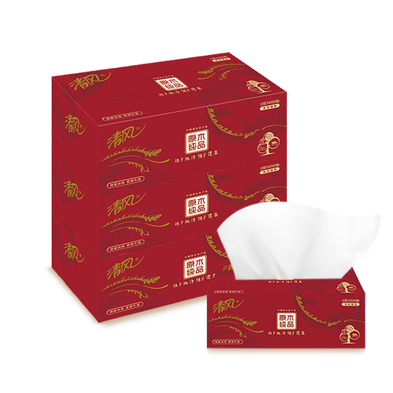 清风 盒装面巾纸 B338AFD 210*198mm双层 200抽/盒 3盒/提 12提/箱(计价单位:提)