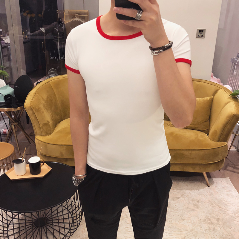 夏装英伦修身男士短袖t恤打底衫帅气拼色圆领半袖紧身体恤男韩版