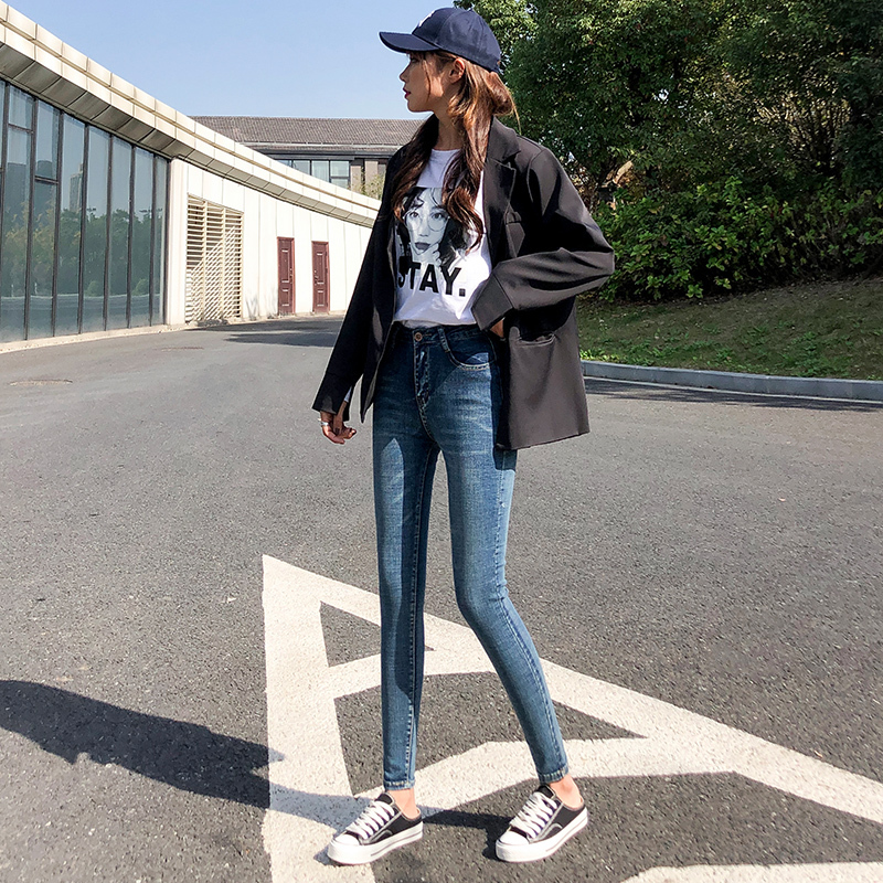 茜靓CHYLLIRN牛仔裤女2020年新款高腰紧身修身显瘦显高小脚铅笔裤子潮秋冬