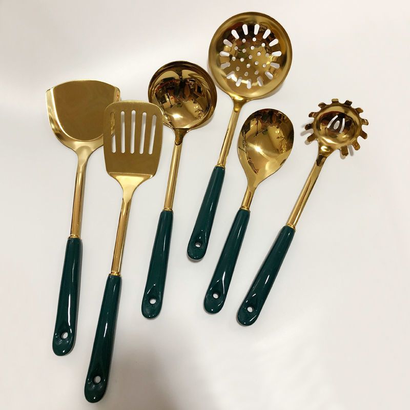 不锈钢厨房烹饪套装陶瓷柄炒菜铲子家用锅铲饭勺漏勺汤勺煎铲面捞 祖母绿+亮银色 随意组合[联系客服]