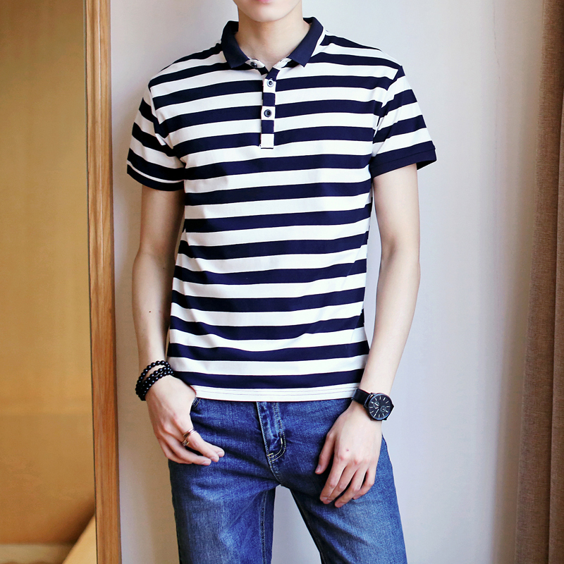 海魂衫男夏季年轻短袖t恤韩版男士宽松条纹polo衫潮大码打底体恤