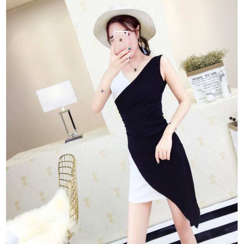 夏装2018女韩版气质V领无袖修身显瘦不规则拼接撞色连衣裙黑白色均码