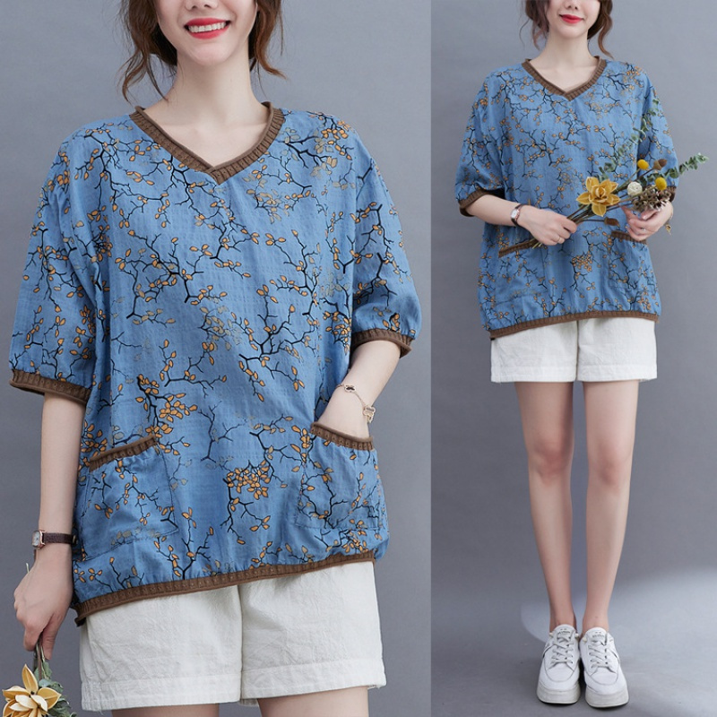 印花棉麻t恤女夏季文艺大码女装复古印花短袖上衣视频