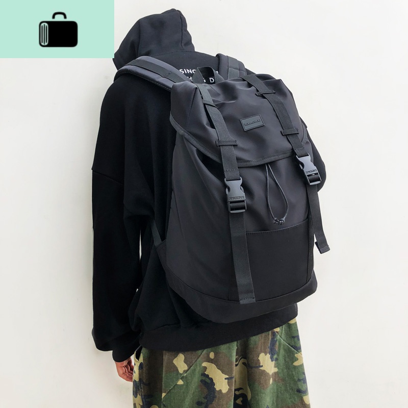 潮牌抽绳双肩包男时尚潮流简约休闲韩版大学生书包女电脑旅行背包NEW LAKE 黑色送小飞龙