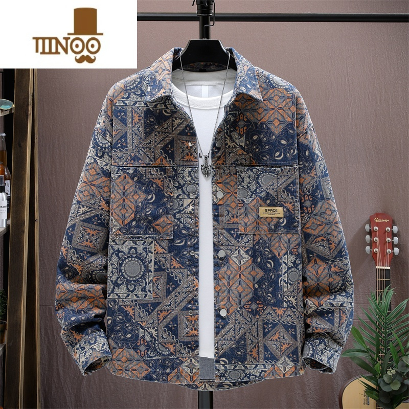 YANXU长袖牛仔衬衫外套男潮牌宽松民族风工装印花夹克休闲上衣服