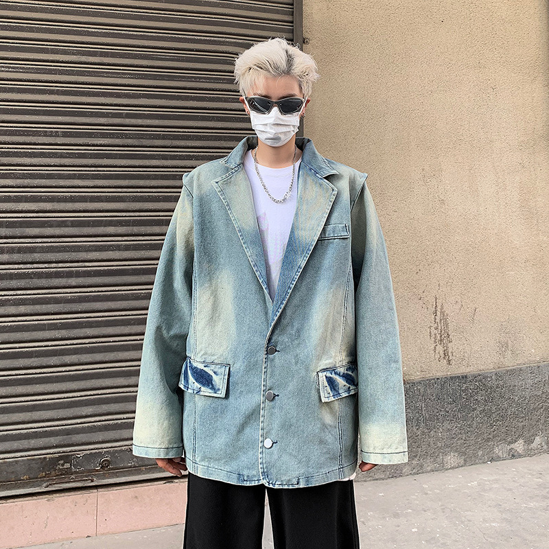 夹克男牛仔上衣春秋季新款复古宽松西装领夹克潮牌痞帅时尚男外套