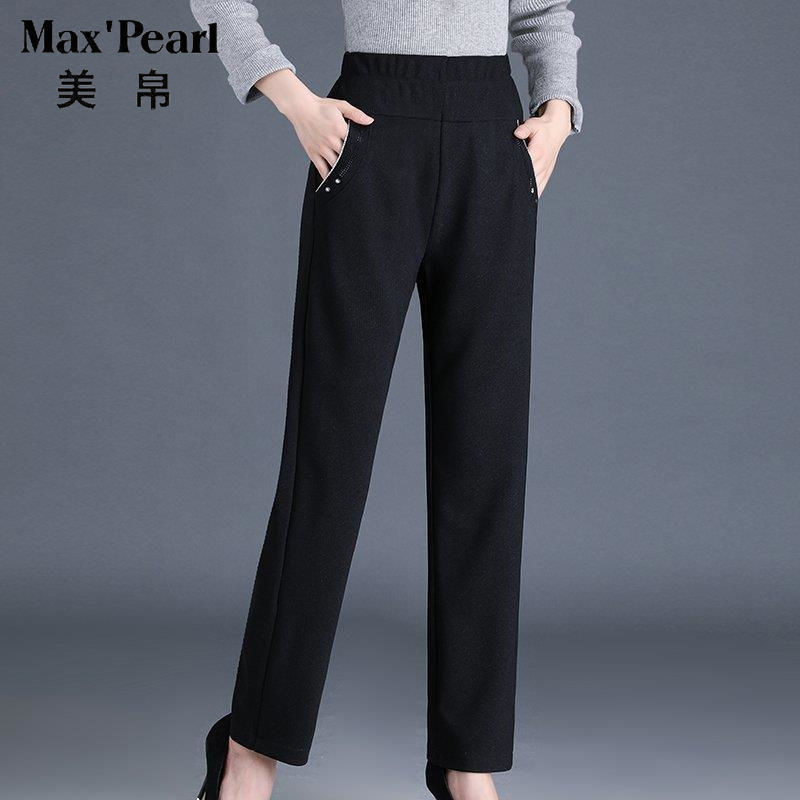 美帛格子裤女春季中老年女裤高腰直筒休闲裤弹力妈妈裤宽松大码50