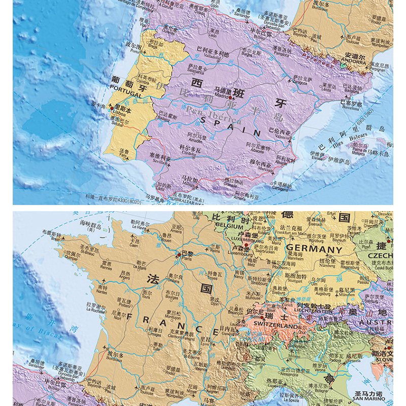 [正版]2024年新版 欧洲地图中英文对照1.17x0.86米纸质大字折叠图 出国留学旅游景点大学 港口机场航海线 世高清大图