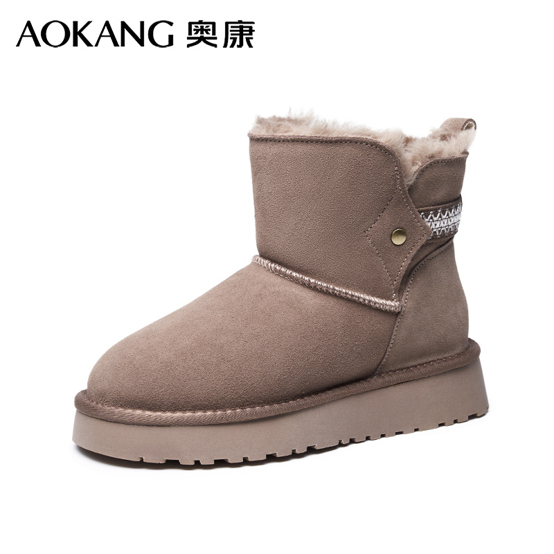 奥康雪地靴女冬季新款加绒加厚保暖高帮休闲棉靴厚底防滑东北棉鞋女 灰色 35码