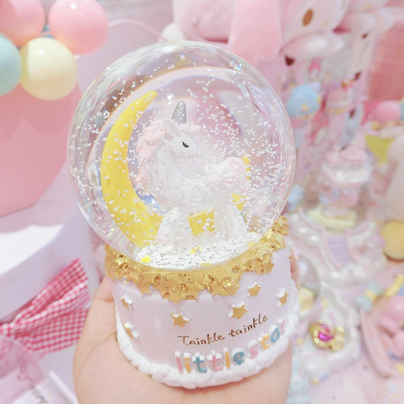 梦幻彩虹月亮独角兽水晶球少女心软妹生日可爱桌面摆件音乐盒 三维