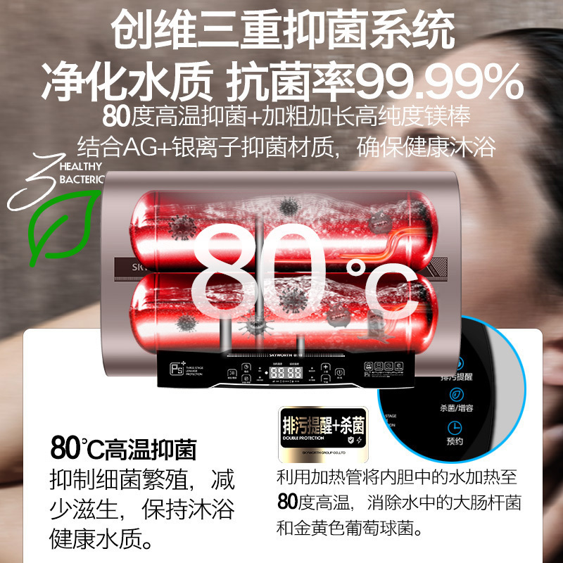 创维(Skyworth) 60升 电热水器 家用储水式3000W速热 一级能效 扁桶双胆 双管大容量D2B