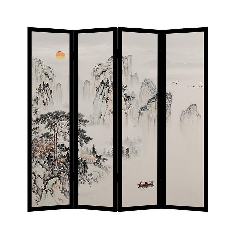 森美人中式复古山水屏风折叠客厅隔断墙卧室实木布艺移动风水小公寓折屏 4扇樟子松:180*180cm高