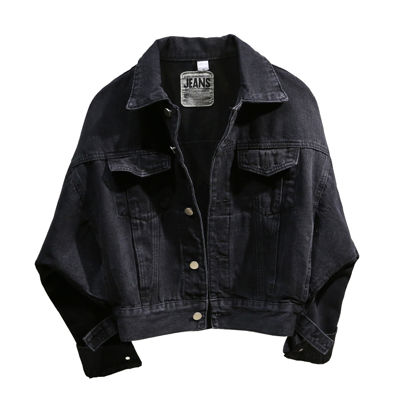 春秋季韩版宽松牛仔外套女百搭蝙蝠袖黑色牛仔衣夹克短外套上衣潮