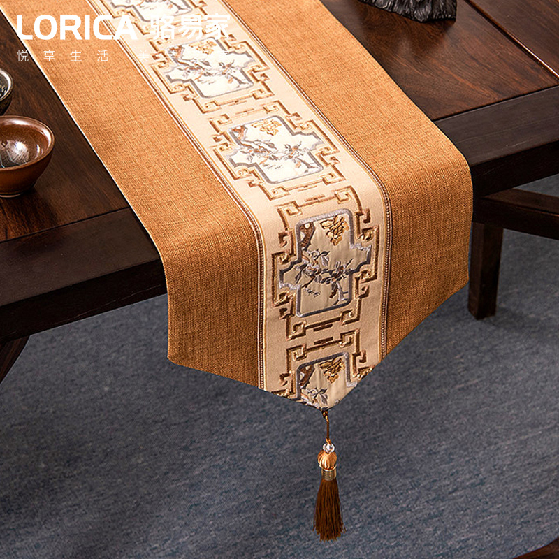 新中式桌旗禅意刺绣茶几餐桌布长条装饰布现代简约电视柜盖巾 南山秀色-卡其 33*330cm(适用桌长2.7米-2.9米)