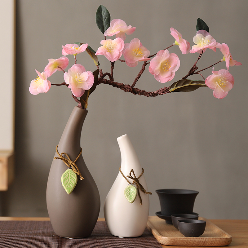 日式禅意家居手工仿真樱花梅花插装饰摆件花瓶组合套装 三维工匠 组合(灰色+白色)+粉色花高清大图