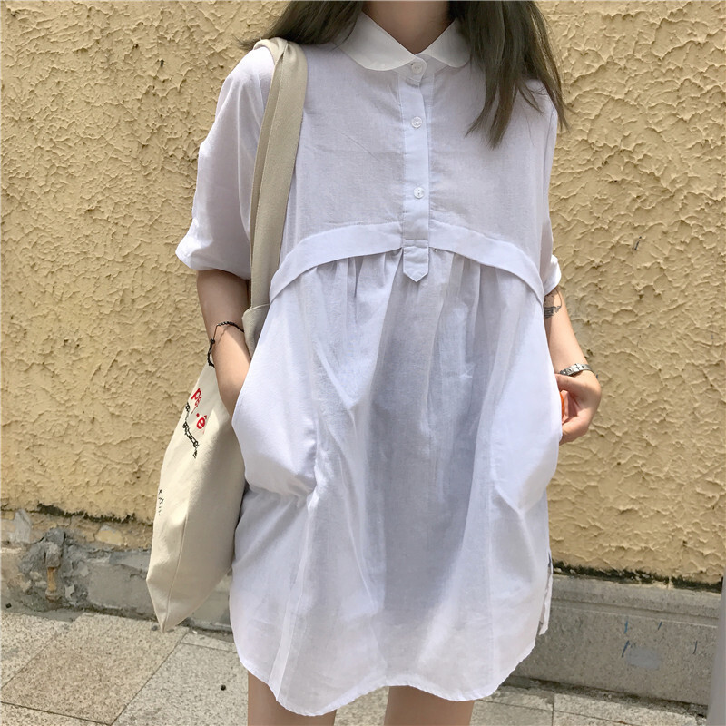 夏装女装2018新款韩版娃娃裙宽松中长款连衣裙学生pphome裙子文艺白色