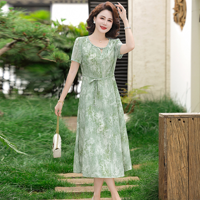 纤孜雅 时尚中年妈妈夏装短袖新款连衣裙夏季收腰显瘦气质碎花裙子高清大图