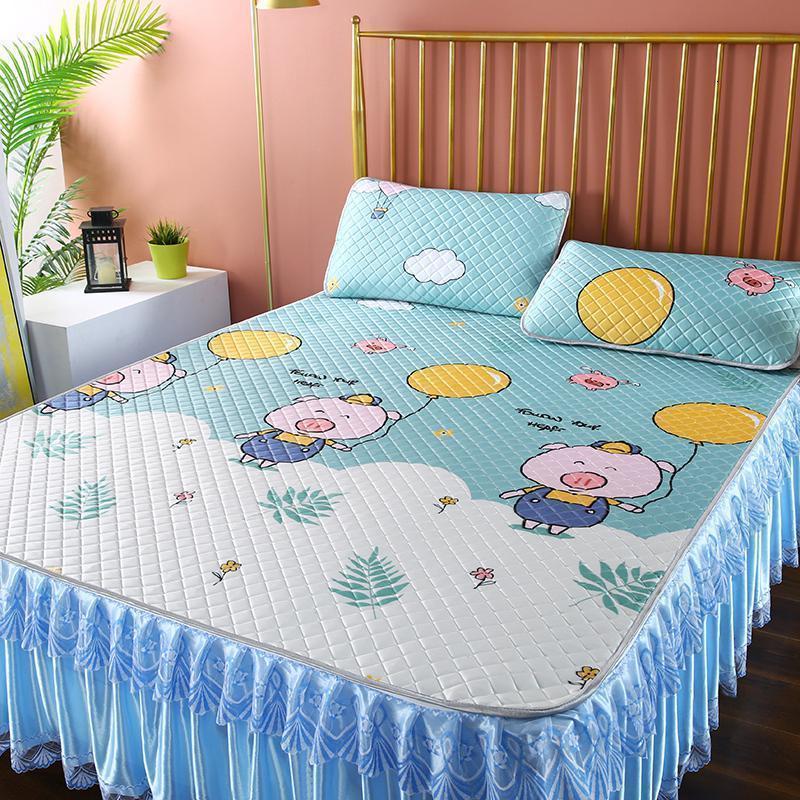 家柏饰(CORATED)冰丝凉席三件套欧式夹棉床裙款可水洗折叠蕾丝床罩防滑空调软席子 猪猪侠 2.0m（6.6英尺）床