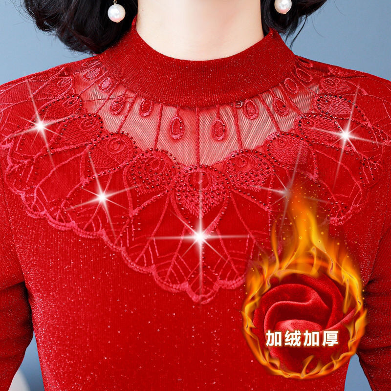 加绒款/薄款秋冬新款加绒网纱打底衫女长袖加厚蕾丝上衣小衫