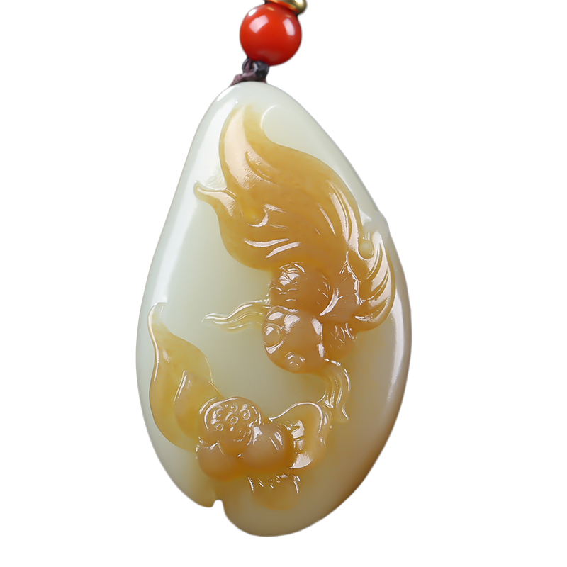 荷塘乐趣新疆和田玉莲花鱼儿吊坠且末糖白玉挂件玉佩天然玉石