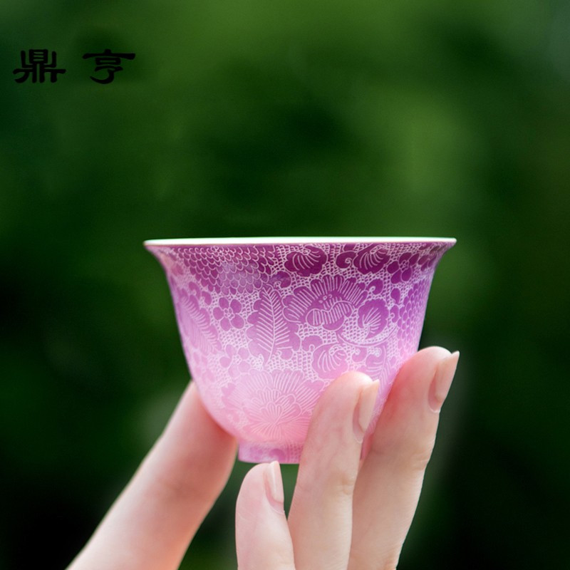 鼎亨景德镇手绘粉彩扒花茶杯功夫茶具小茶杯品茗杯个人主人陶瓷单