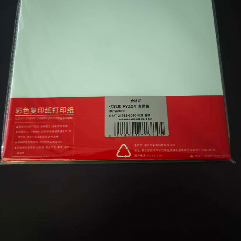 优彩嘉 彩色复印纸 打印纸 A4 80g 100张 浅绿 FYZ04 包高清大图