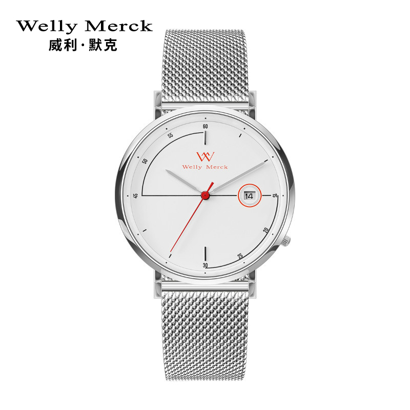 welly merck 威利默克男生手表时尚防水新款腕表男士正品石英学生男表WM004M 银白网带