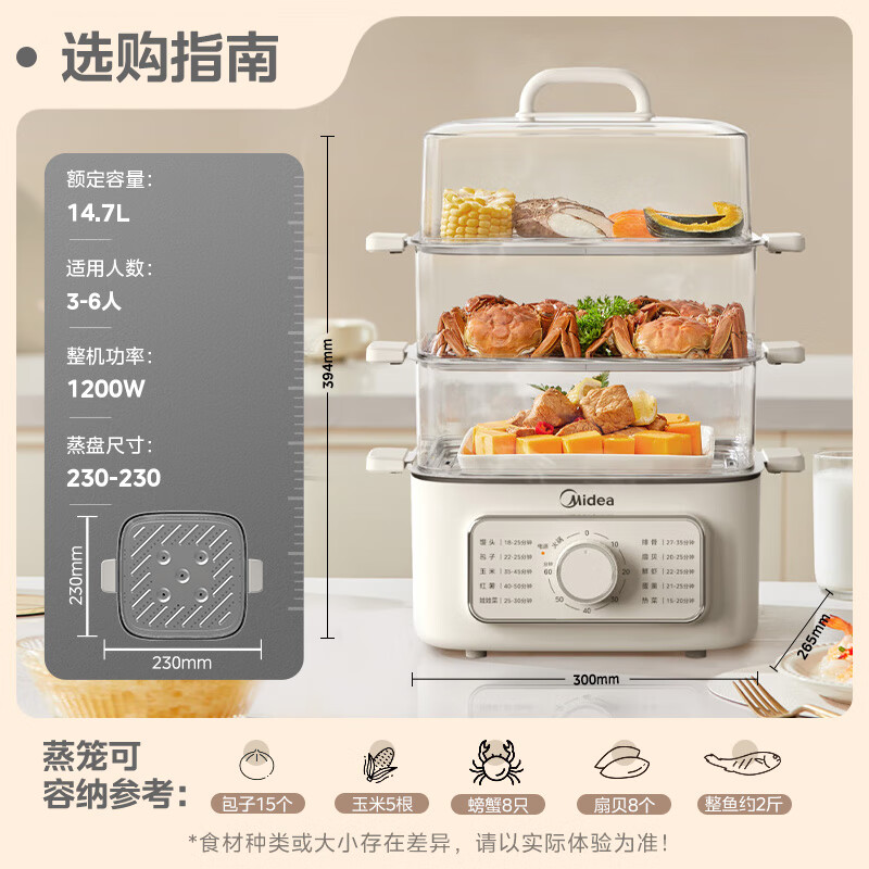美的(Midea)蒸锅电蒸锅炖蒸煮一体 四层大容量多用途锅电煮锅电火锅蒸蛋器蒸包子锅家用多功能锅ZGE2323Z03X