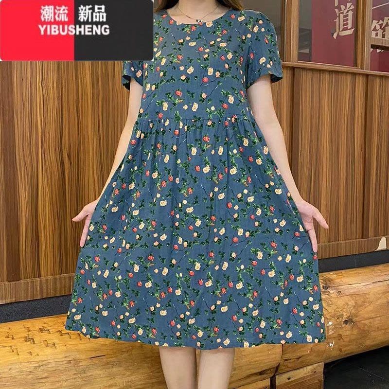 YIBUSHENG季新款短袖连衣裙碎花宽松遮肉韩版娃娃裙子女装时尚大码妈妈装图片