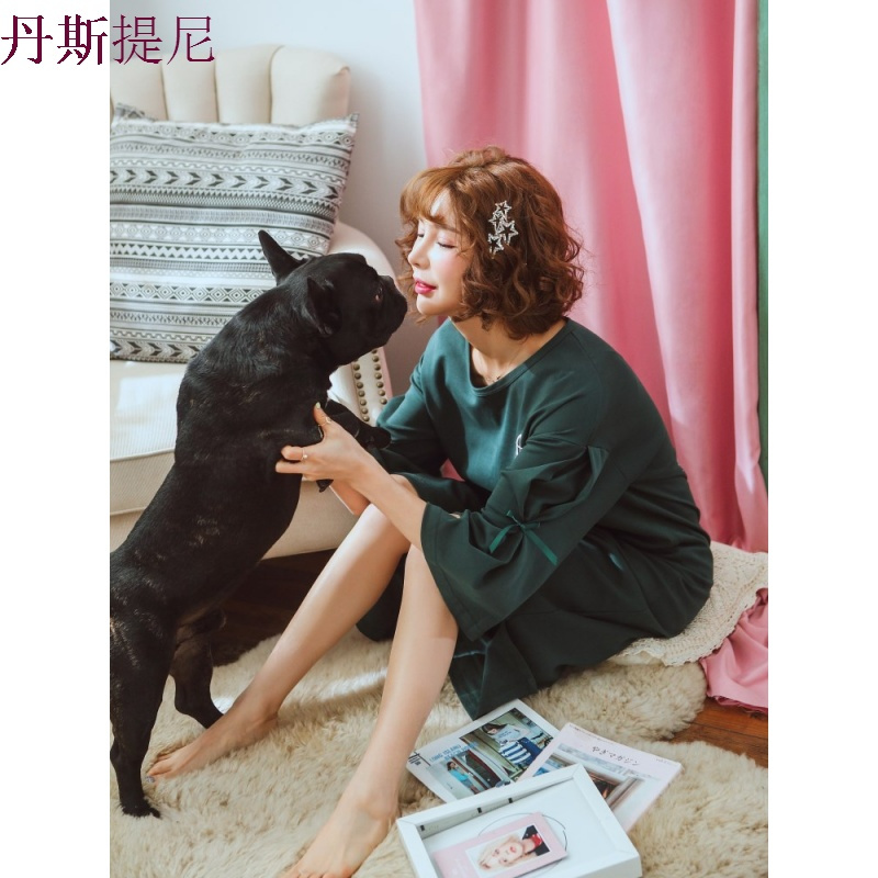 睡裙女秋纯棉韩版大码宽松七分袖长款绿色睡衣女学生家居服可外穿