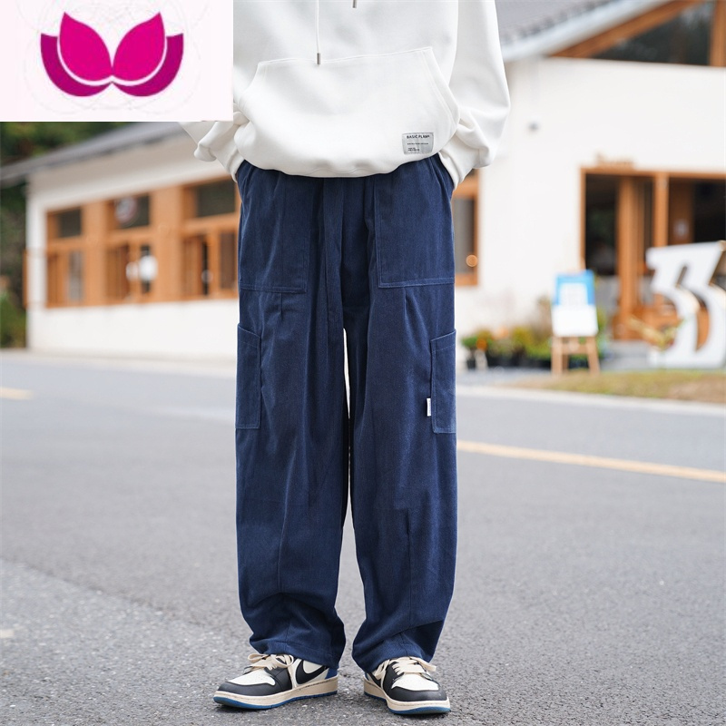 七斓ins潮牌工装裤男日系纯色宽松阔腿裤直筒港风复古休闲裤子