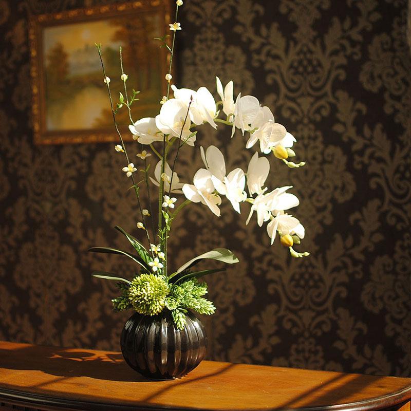 花艺绢花玄关装饰摆设客厅假花摆件仿真花套装蝴蝶兰桌面插花装饰品-紫红色