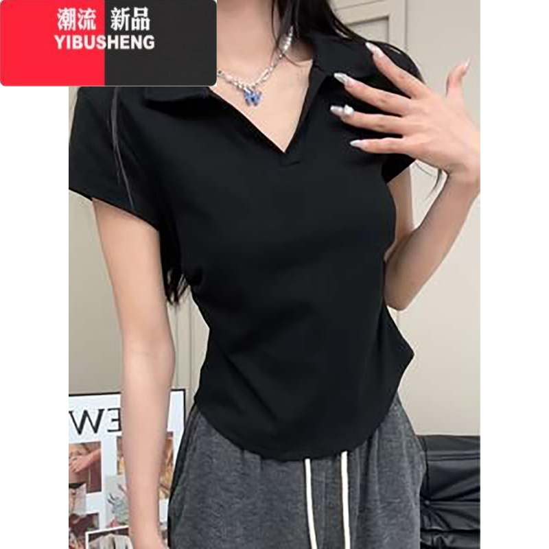 YIBUSHENG大码灰色POLO领短袖T恤女季胖mm显瘦不规则翻领体恤V领上衣