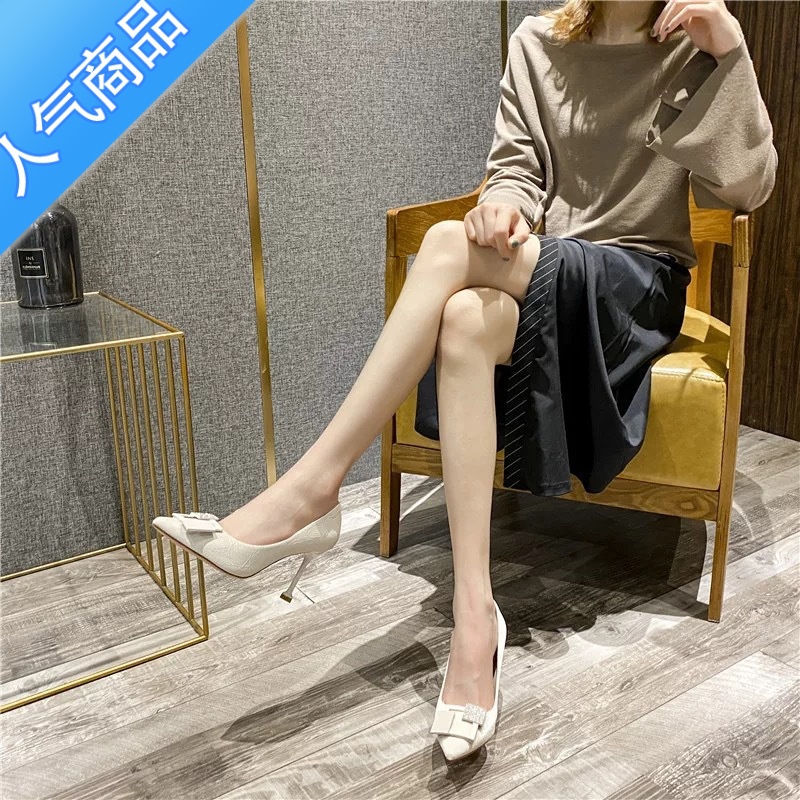 SUNTEK法式少女高跟鞋女2021年新款春款百搭设计感小众细跟浅口尖头单单高清大图