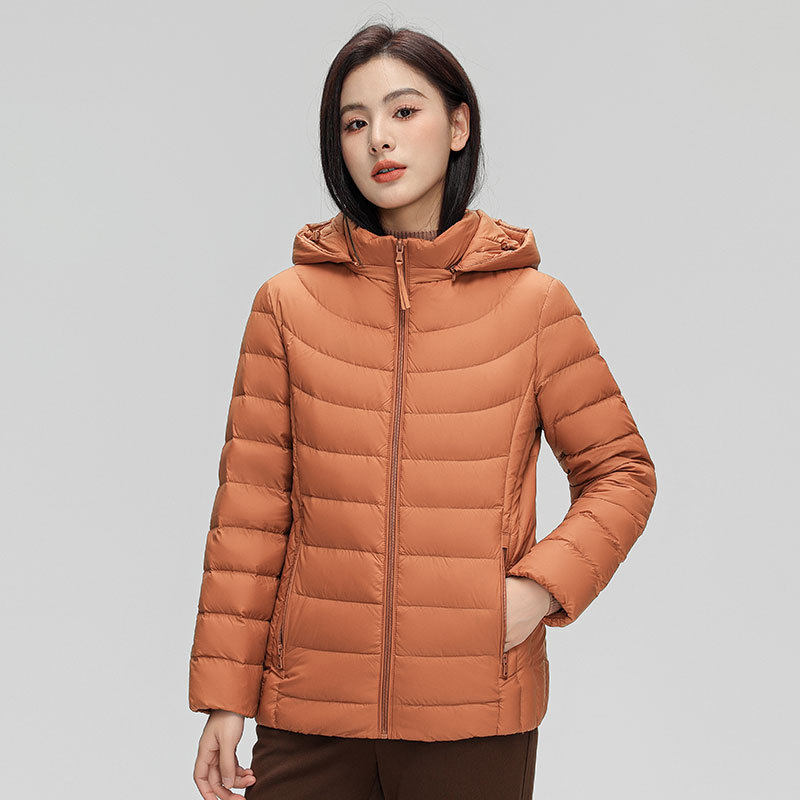 90白鸭绒新国标女式简约纯色连帽可拆卸轻薄羽绒服女_1102 南瓜色 M