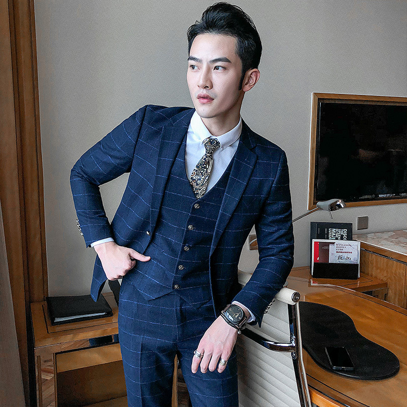 西服套装男士商务正装三件套修身新郎结婚礼服英伦格子西装男套装