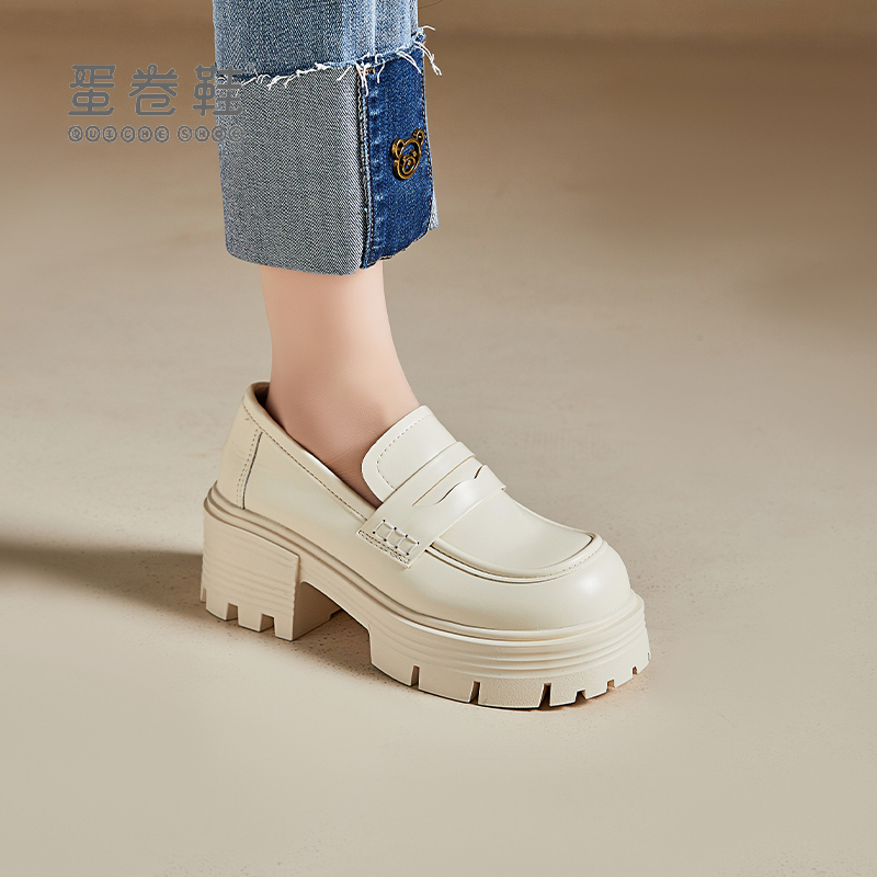 蛋卷鞋厚底乐福鞋女2024新款春季高跟女鞋英伦风小皮鞋松糕粗跟单鞋