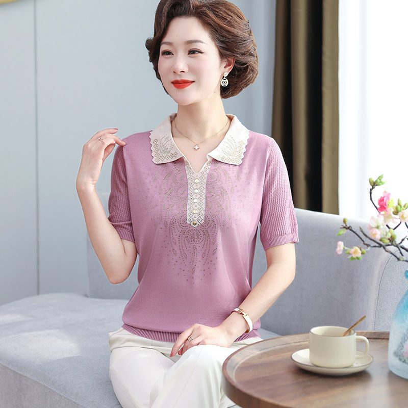 calfland新款夏装短袖中年人气质翻领t恤中老年女洋气宽松上衣