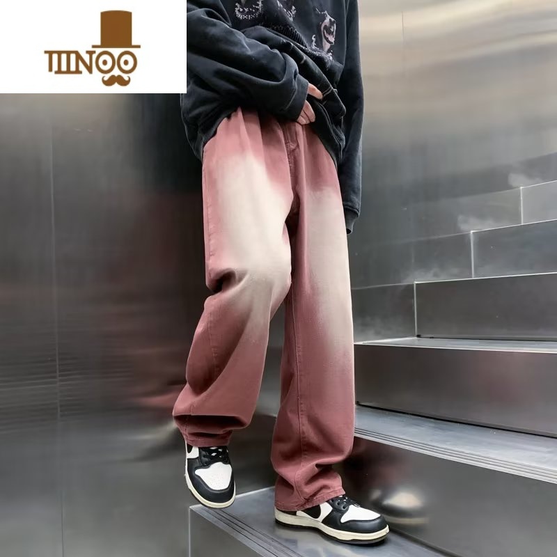 YANXU美式水洗做旧红色大码牛仔裤男宽松直筒oversize高街抽绳阔腿裤子高清大图