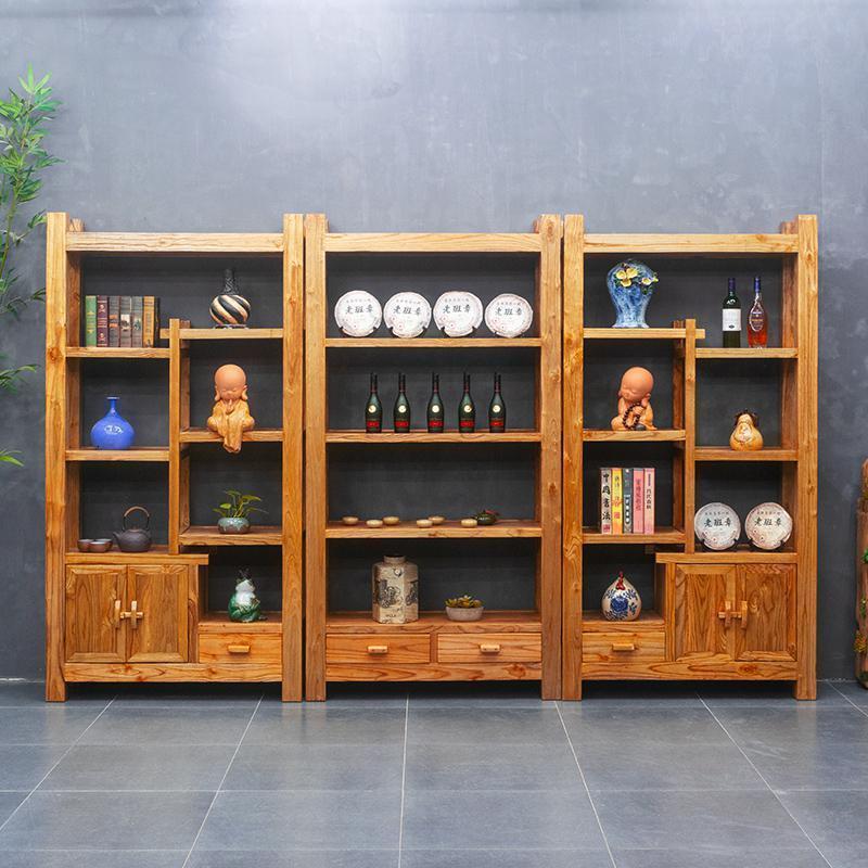 老榆木博古架实木新中式茶叶置物展示茶室陈列柜复古董多宝阁书架_1_566 组合一1-1.2米